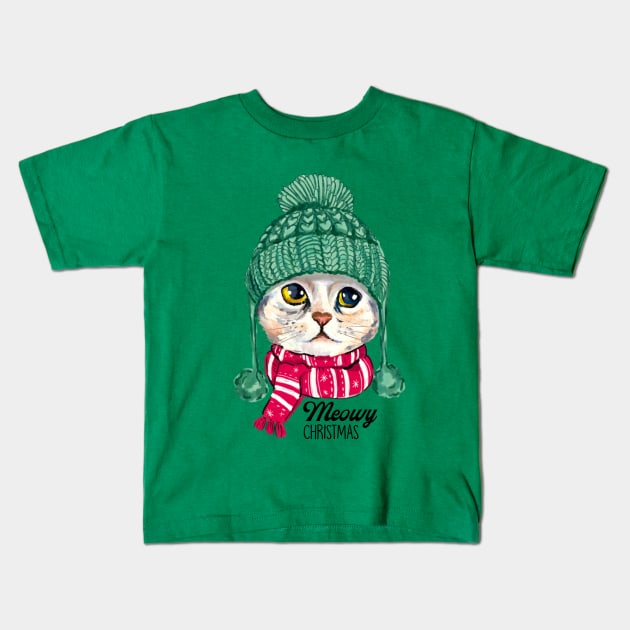 Meowy Christmas Jingle Cat Kids T-Shirt by SuperrSunday